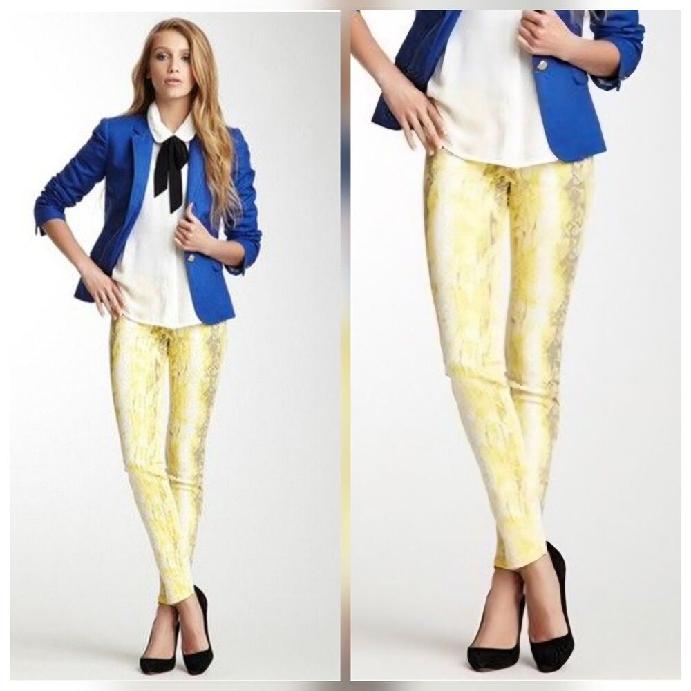 S.Y.L.K. Snake Print Coco Trouser Pants Jeans Yellow Tapered Button Ankle W28